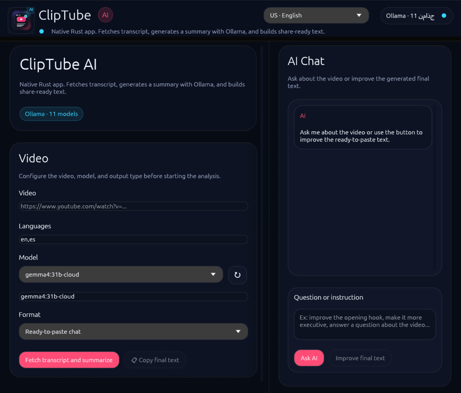 ClipTube AI app preview with transcript, summary, key points and AI chat.